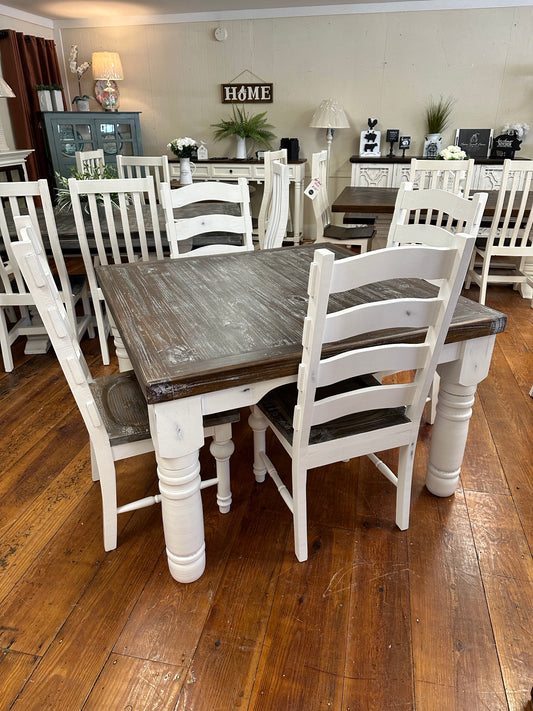 Chubby Leg 4x4 Dining Set, Sanded White & Frosted Brown top